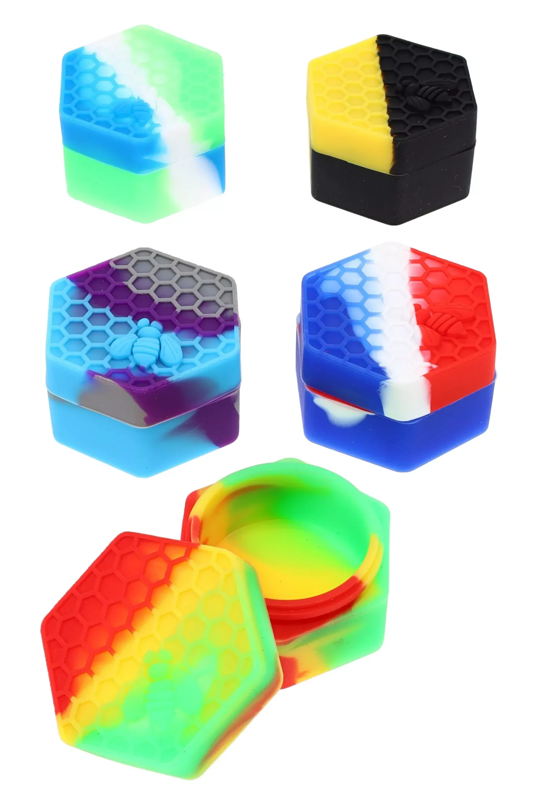 (Assorted Colors) Silicone Hexagon Honeybee Jar – 2″